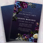Moody Lila blommor 40:e födelsedag Party Inbjudningar<br><div class="desc">Djup lila blommor med vita och blå burkar skapar en moody vinterpalett. De är kapslade i mörk grönt och svart löv. Den mörk blått vattenfärgsbakgrunden ge är en gotisk vibe och ramar blommorna perfekt. Den gör också att den vita texten visas. Denna 40-årsinbjudan kan hämtas och skrivas ut. All text...</div>