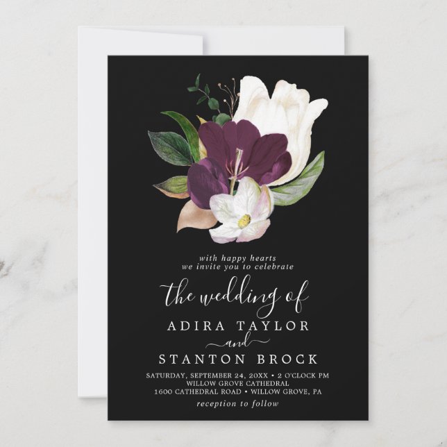 Moody Lila Blooms | Svart Bröllop i Inbjudningar (Framsida)
