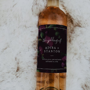 Moody Lila Blooms Svarta Mönster Bröllop Vinflaska Etikett