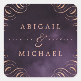 Moody lila guld-kalligrafi vintage bröllop fyrkantigt klistermärke