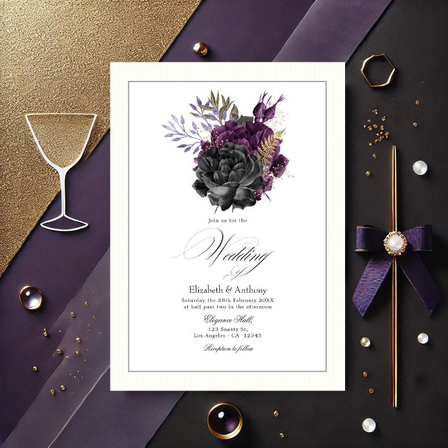 Moody Lila, Guld och Svarta Blommigten Bröllop Inbjudningar (Moody Purple, Gold and Black Floral Wedding Invitation)