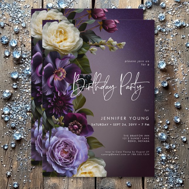 Moody Lila och Lavender Blommigt Modern födelsedag Inbjudningar (Moody Purple & Lavender Floral Modern Birthday Invitation)