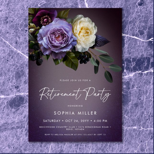 Moody Lila och Lavender Blommigt Pension Party Inbjudningar (Moody Purple & Lavender Floral Retirement Party Invitation)