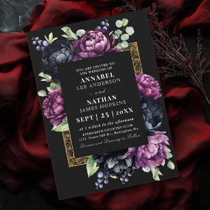 Moody Lila och Svarta Elegantens Blommigt Bröllop Inbjudningar