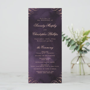 Moody lila ro guld Calligraphy-Bröllopsprogrammet Meny