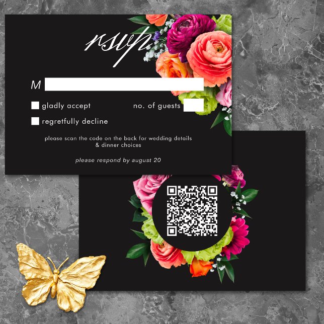 Moody Luxe Blommig Vibrant Rosa Svart Bröllops QR OSA Kort (Moody Luxe Floral Vibrant Pink Black Wedding QR RSVP Card)