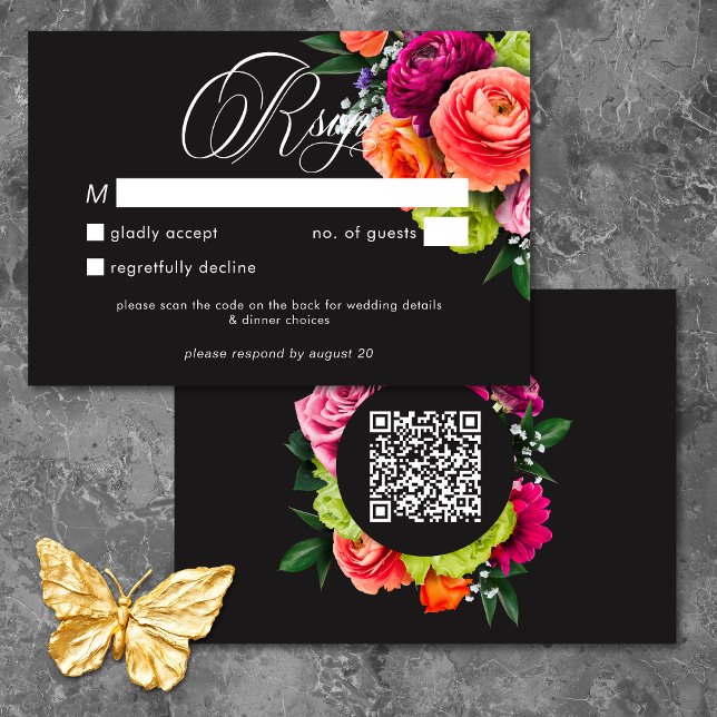 Moody Luxe Blommig Vibrant Rosa Svart Bröllops QR OSA Kort (Moody Luxe Floral Vibrant Pink Black Wedding QR RSVP Card)