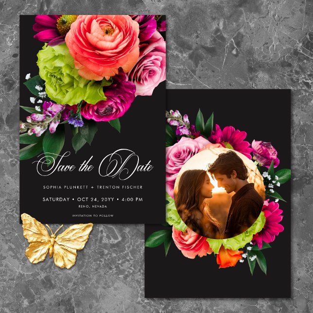Moody Luxe Floral Vibrant Pink Black Photo Wedding Spara Datumet (Moody Luxe Floral Vibrant Pink Black Photo Wedding Save The Date)