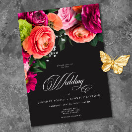 Moody Luxe Floral Vibrant Pink Black Wedding Inbjudningar