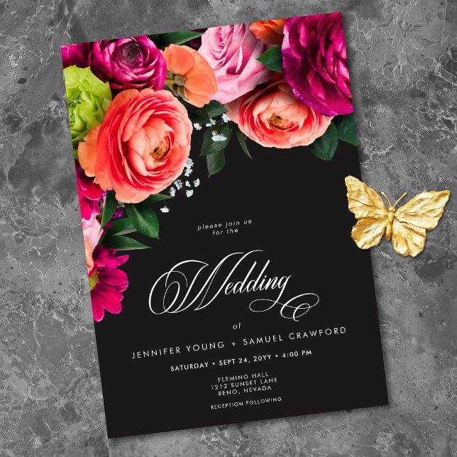 Moody Luxe Floral Vibrant Pink Black Wedding Inbjudningar (Moody Luxe Floral Vibrant Pink Black Wedding Invitation)