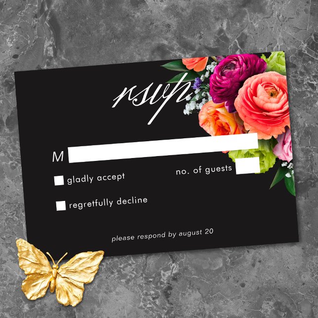 Moody Luxe Floral Vibrant Pink Black Wedding OSA Kort (Moody Luxe Floral Vibrant Pink Black Wedding RSVP Card)