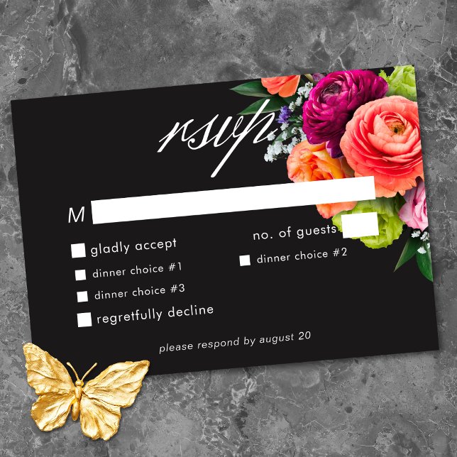 Moody Luxe Floral Vibrant Pink Black Wedding OSA Kort (Moody Luxe Floral Vibrant Pink Black Wedding RSVP Card)