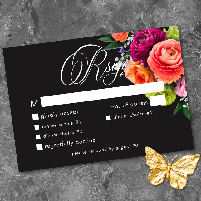 Moody Luxe Floral Vibrant Pink Black Wedding OSA Kort (Moody Luxe Floral Vibrant Pink Black Wedding RSVP Card)