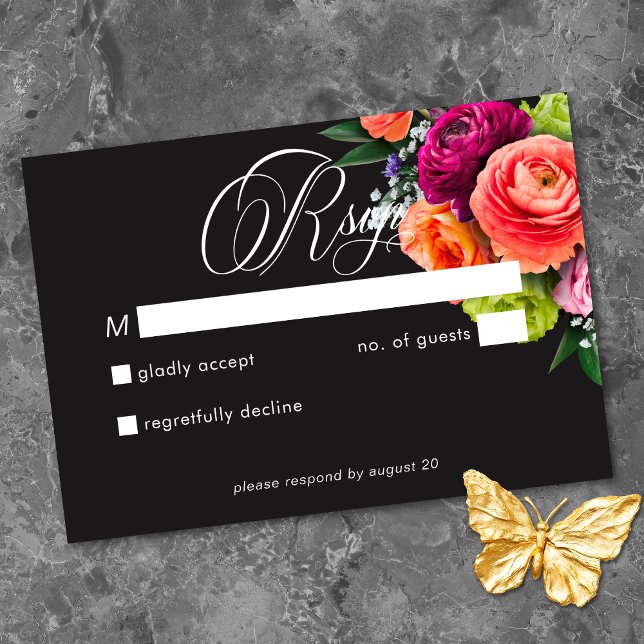 Moody Luxe Floral Vibrant Pink Black Wedding OSA Kort (Moody Luxe Floral Vibrant Pink Black Wedding RSVP Card)