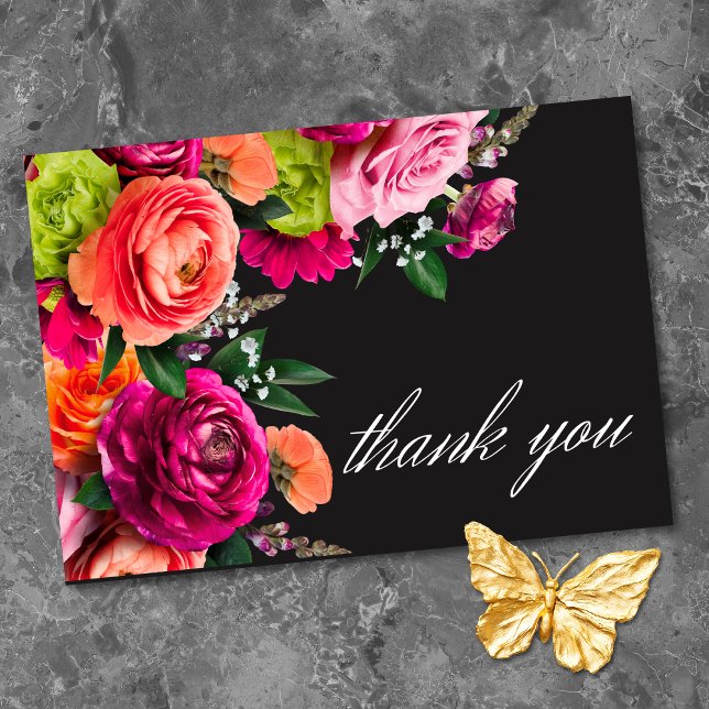 Moody Luxe Floral Vibrant Pink Black Wedding  Tack Kort (Moody Luxe Floral Vibrant Pink Black Wedding Thank You Card)