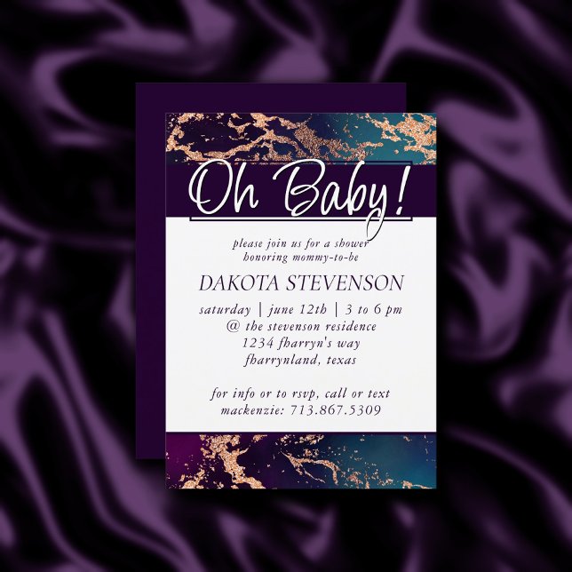 Moody Luxe Marble | Djup Lila och Teal Oh Baby Inbjudningar (Skapare uppladdad)