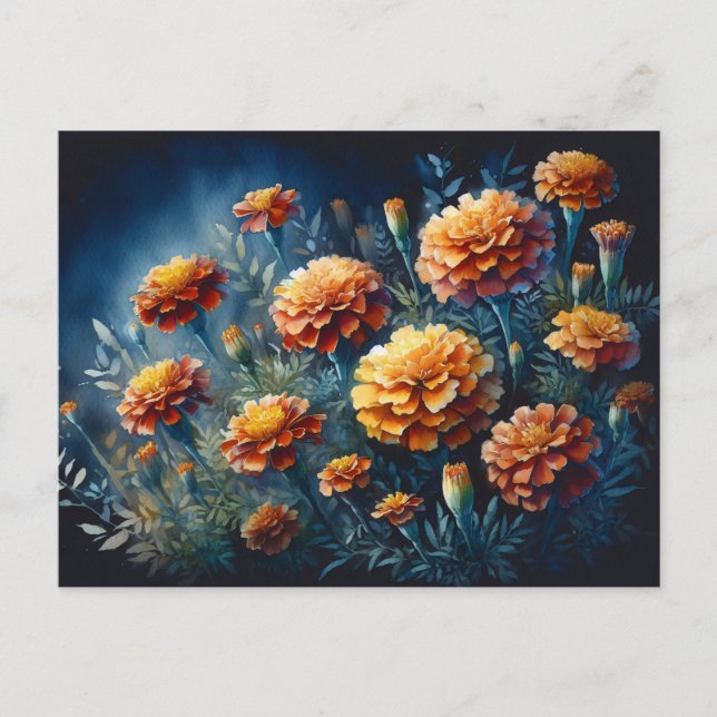 Moody marigolds Watercolor Orange Flowers Vykort (Framsida)