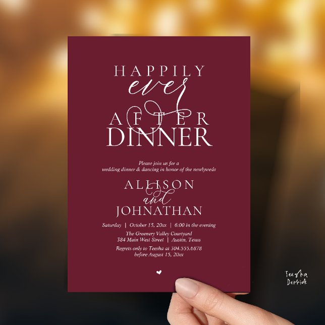 Moody Meriot Lyckligt Efter Middag Bröllop Inbjudningar (Wine Red Burgundy Happily Ever After Dinner Modern Script Wedding Invitation Card)