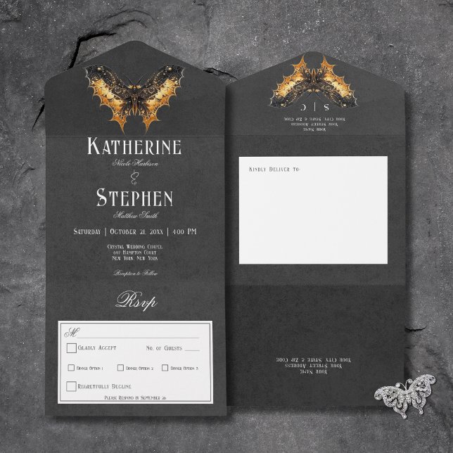 Moody middag för Gothic Guld & Black Moth (Gothic Black & Gold Moth Moody All In One Wedding Invitation with Dinner Options)