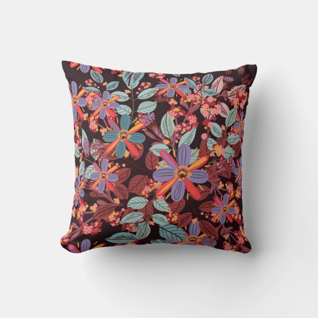 Moody Midnight Floral Folk Art Pattern Pillow Kudde (Framsida)