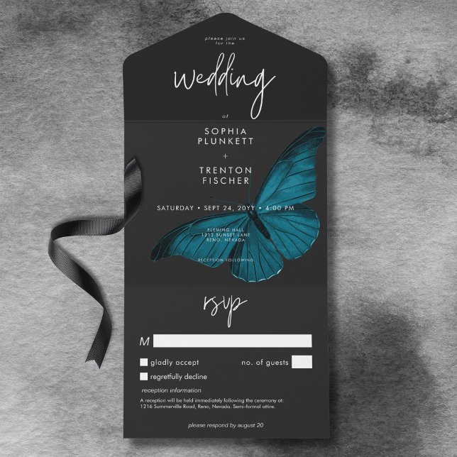 Moody minimalt antal Mörkarna veckodagar, ingen mi (Dark Moody Minimal Teal Moth No Dinner w/ Details All In One Invitation)
