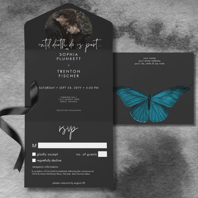 Moody minimifoto för mörk med information om Bröll (Dark Moody Minimal Moth Photo with Details Wedding All In One Invitation)
