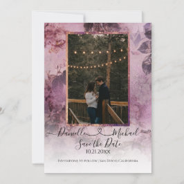 Moody Modern Blommigt Lila Script Heart Photo Spara Datumet