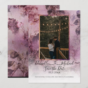 Moody Modern Blommigt Lila Script Heart Photo Spara Datumet