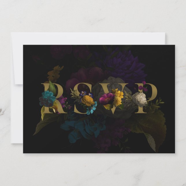 Moody monogram Bröllop OSA-kort för mörk Blommigt Inbjudningar (Framsida)