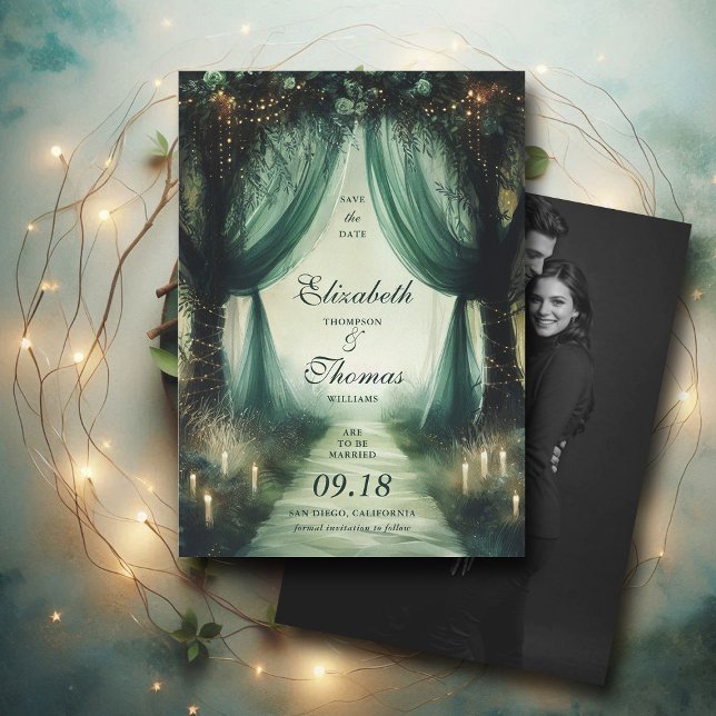 Moody Mörk för Elegant av skogen i Bröllop Spara Datumet (enchanted forest woodland wedding save the date arch canopy calligraphy fairy tale elegant dark mood)