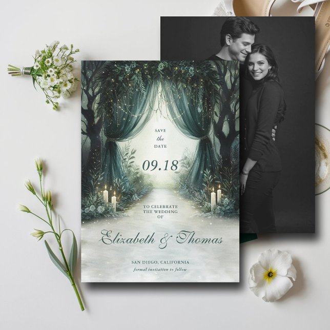 Moody Mörk Foto Bröllop Spara Datumet (enchanted forest woodland wedding save the date arch canopy fairy tale magic bespoke moody dark)