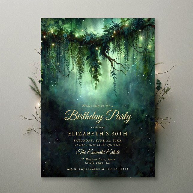 Moody Mörk grönt Emerald Birthday Inbjudningar (enchanted forest birthday party invitation emerald green woodland fairy magical garden storybook)