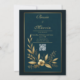 Moody Navy Gold Botanical Wedding Inbjudningar
