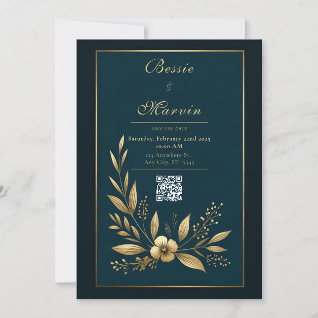 Moody Navy Gold Botanical Wedding Inbjudningar (Framsida)
