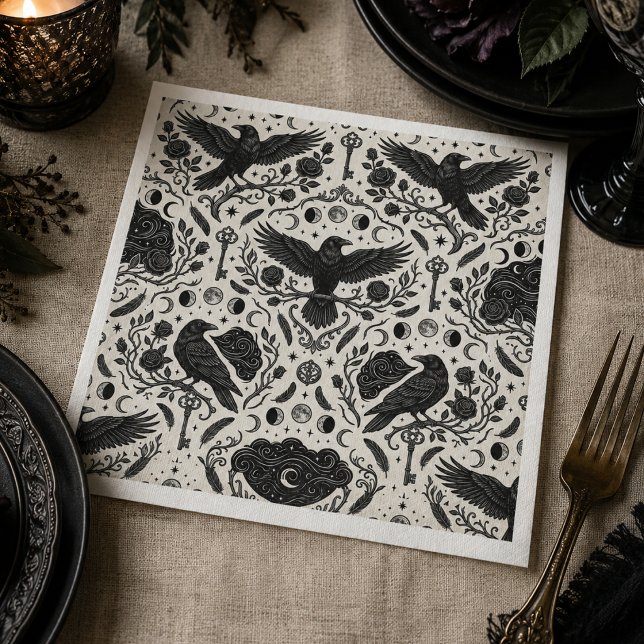 Moody Onyx Barocksvart Korp Pappersservett (Gothic Raven Paper Napkin for Dark Academia Tablescapes)