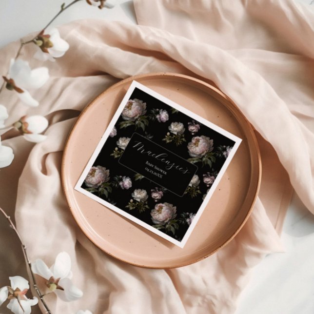Moody Peony Flowers Baby Shower  Pappersservett (Party Napkin Moody Peony Baby Shower Collection)