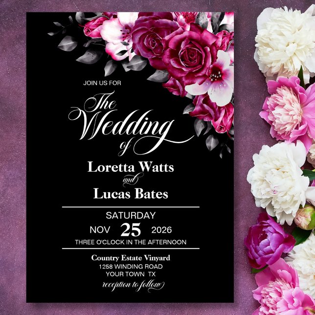 Moody Pink Rose Floral Black Wedding Inbjudningar (Skapare uppladdad)