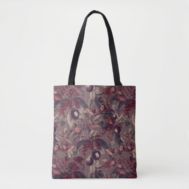 Moody Plum & Fig Leaves Tote Bag | Artistic Floral Tygkasse (Framsida)