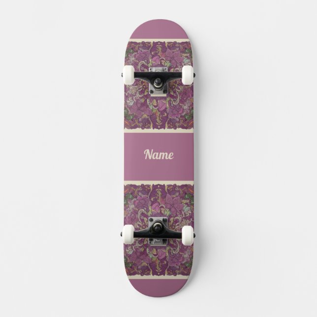 Moody Plum Floral Doodle Art Skateboard (Framsida)