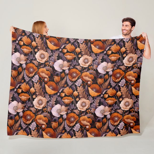 Moody poppies on black pattern fleecefilt (På plats)