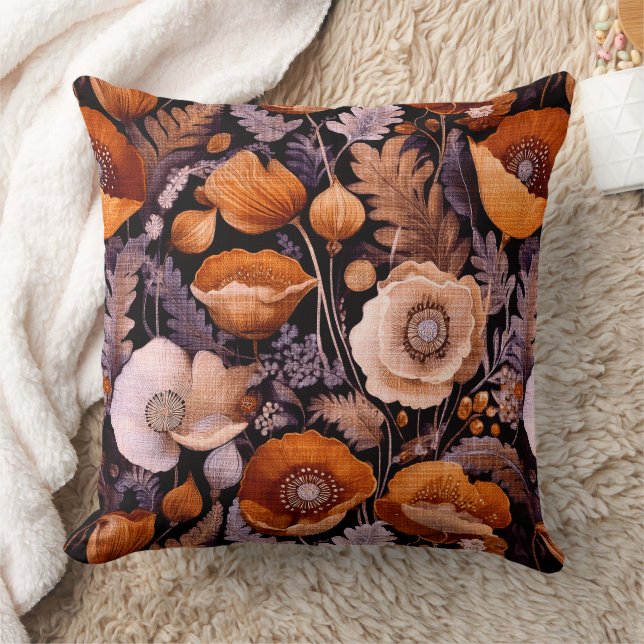 Moody poppies on black pattern kudde (Filt)