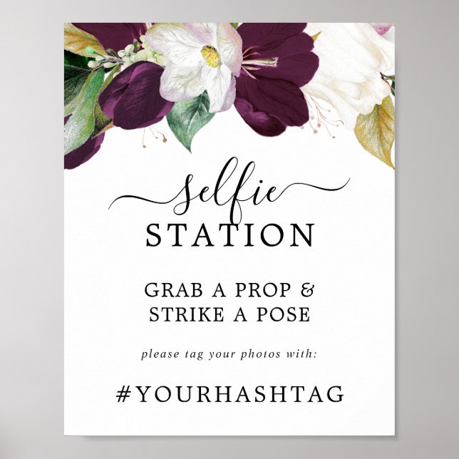 Moody Purple Selfie Station Bröllop Hashtaggskylt Poster (Framsidan)