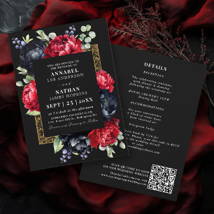 Moody QR-kod för Red and Black Elegant Blommigt Br Inbjudningar