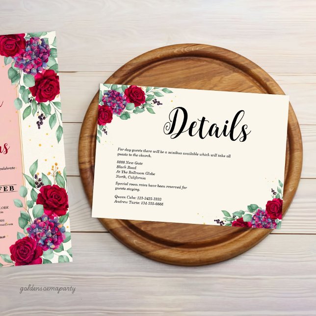 Moody Red and Plum Purple Floral Wedding Tilläggskort (Moody Red and Plum Purple Floral Wedding Enclosure Card)