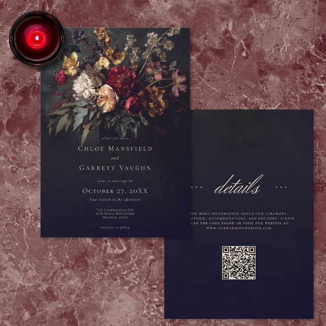 Moody Romantic Dark Floral Gothic QR Code Wedding Inbjudningar (Skapare uppladdad)