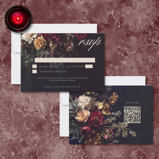 Moody Romantic Dark Floral Gothic Wedding QR OSA Kort (Skapare uppladdad)