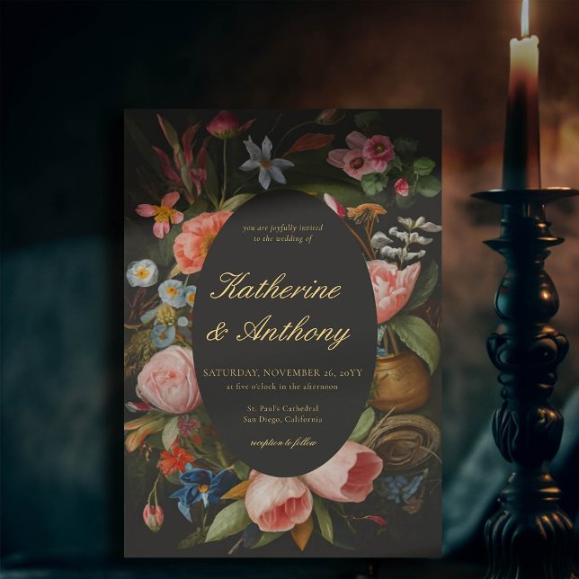Moody Romantic Dreamy Pinks Mörk Gothic Bröllop Inbjudningar (moody romantic wedding invitation pink floral frame painting dutch masters elegant gothic dark black)