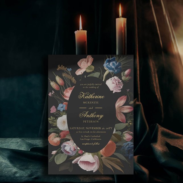 Moody romsk Blommigt Dreamy Black Ram Bröllop Inbjudningar (moody romantic wedding invitation floral frame painting dutch masters elegant gothic dark black chic)