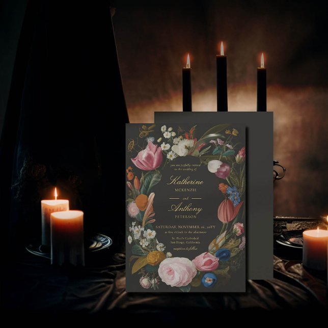 Moody romsk Blommigt Ram Dreamy Bröllop Inbjudningar (moody romantic wedding invitation floral frame painting dutch masters elegant gothic dark black)