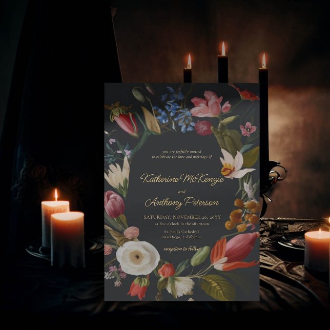 Moody romsk gotisk Mörk Blommigt Ram Bröllop Inbjudningar (moody romantic wedding invitation red blue floral frame painting dutch masters elegant gothic dark)